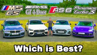 BMW M5 CS v AMG GT v Audi RS6 v Porsche Panamera REVIEW amp 060mph 14 mile brake amp drift test [upl. by Glenda]