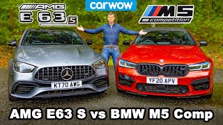 BMW M5 Comp vs AMG E63 S review amp 060mph 14mile brake and drift comparison [upl. by Onailime]