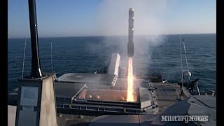 Navy ships Hellfire missile destroys fastattack boat target [upl. by Animrelliug]