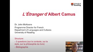 French L’Étranger d’Albert Camus  Dr John McKeane University of Reading [upl. by Ramon248]