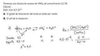 Cálculo del grado de disociación y pH de una disolución de Ácido Débil [upl. by Elehcir]