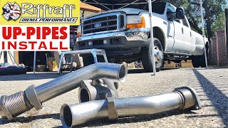 2001 F350 73  RiffRaff UpPipes Install  Stock up pipes leaking and falling apart JUNK SP [upl. by Ailaroc949]