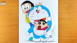 How to draw Doraemon Nobita Shinchan and Shiro together step by step easy for kids [upl. by Airemahs]