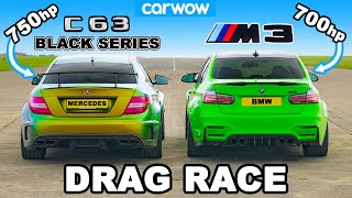 750hp AMG C63 Black Series v 700hp BMW M3 DRAG RACE 14 12 and 1MILE [upl. by Rizan]