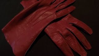 Skin tight deep red unlined vintage leather gloves getting into [upl. by Jeddy105]