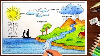 How to draw Water Cycle drawing for beginners  very easy  step by step diagram [upl. by Marlowe821]